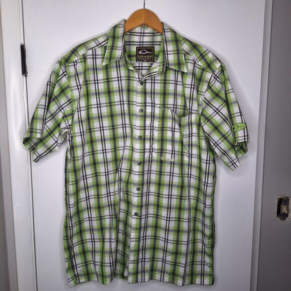 Drake Waterfowl Shirt Mens Medium Green Plaid Button Down Short Sleeves - Picture 1 of 8